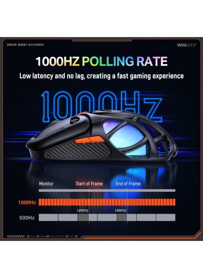 أونيكوما ماوس الألعاب DM02 ثلاثي الأوضاع بإضاءة RGB، يدعم الاتصال اللاسلكي بتردد 2.4 جيجاهرتز، والبلوتوث، والاتصال السلكي، بتصميم خفيف الوزن على شكل خلية نحل، ودقة DPI قابلة للتعديل بستة مستويات تصل إلى 12800، ومعدل استجابة فائق السرعة 1000 هرتز، وشكل مريح لألعاب الكمبيوتر. - Image 3